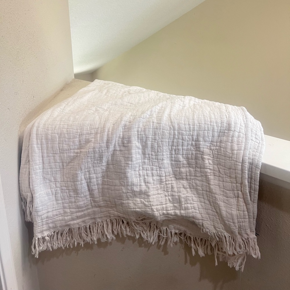 TEXTEIS PENEDO‎ Cream Throw Blanket Fringe Cotton Neutral Portugal 63x52